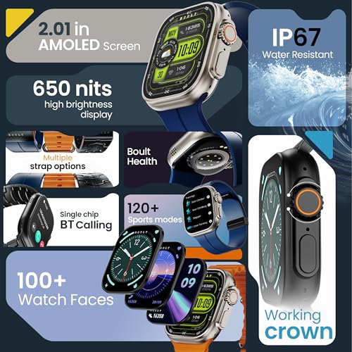 Image of Boult Crown Pro Smart Watch 2.01'' AMOLED, BT Calling, Working Crown, AOD, Zinc Alloy Frame, 650 Nits Brightness, AI Voice Assistant, SpO2 Monitoring, 120+ Sports Mode (Skyline Blue)