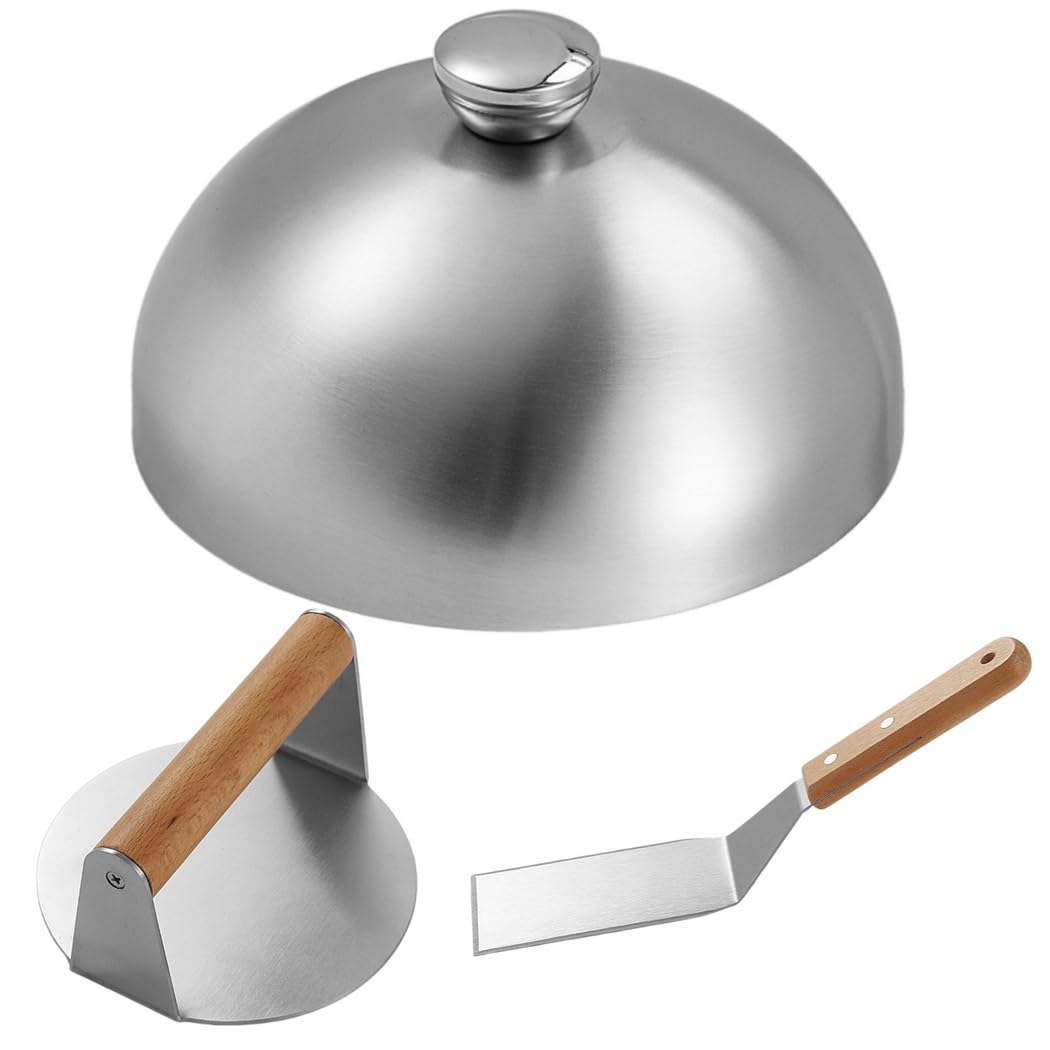 Grillset aus Edelstahl, 3-teilig, inklusive Fleischpresse, Steakkuppel, Pfannenwender, ideal für Blackstone &