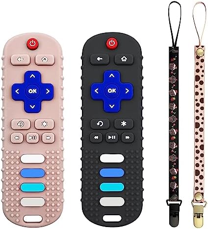 2Pack Remote Control Shape Silicone Teething Toys for Babies 0-12 Months, BPA Free Baby Teething Toys,Baby Teethers for Toddlers Boys Girls (Black + Coral Color)