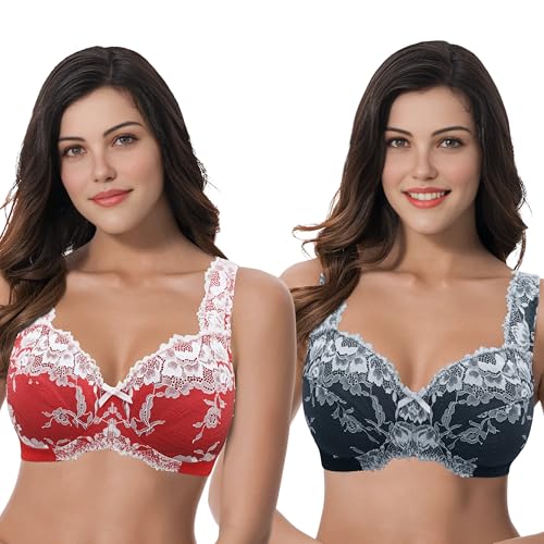 Curve Muse Women's Plus Size Minimizer Unlined Wirefree Lace Full Coverage Bras-2Pack-Black,Red-36DDD (EU:80F)
