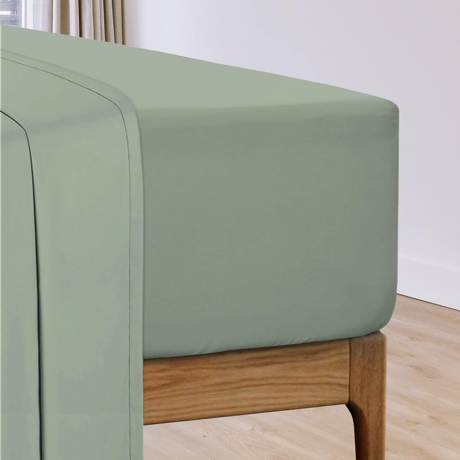 Pizuna Cotton Percale Double Fitted Sheet Sea foam Sage,100% Long Staple Combed CottonFitted Bed Sheets Double 140x200 cm,Percale Weave 40 cm Deep Fitted Sheets for Double Bed 1 PC Sea foam Sage