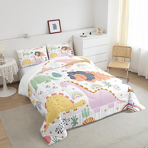 Image of Feelyou Dinosaur Comforter, Cute Rainbow Dino Comforter Set Toddler Size for Kids Boys Girls Jungle Dino Comforter Set Toddler Size Cartoon Rainbow Wildlife Duvet Set Durable Quilt Set