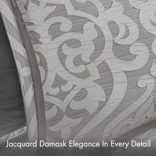 Image of Madison Park Odette Cozy Comforter Set Jacquard Damask Medallion Design - Modern All Season, Down Alternative Bedding, Shams, Decorative Pillows, Queen(90 in x 90 in), Silver 8 Piece | All Season Down Alternative Bedding with Comforter, Shams, Bed Skirt, Decorative Pillows, Silver