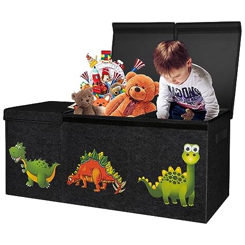 ASKIZ Toy Box Chest with Double Flip Lids, Large Kids Collapsible Toy Storage & Organizer, Sturdy Storage Bins for Nursery, Playroom, Wardrobe, Home, Dinosaur Pattern(Black|40.6"×16.5"×14.2") Cover