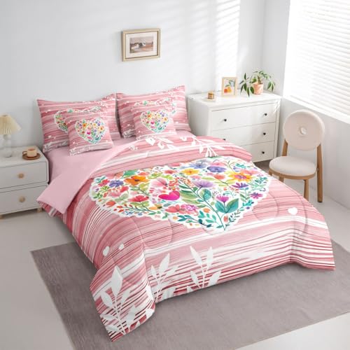 Image of Erosebridal Pink Valentine 7 Piece Bed in A Bag King Comforter Set Love Heart Flowers Bedding Set for Girls Romantic Floral Heart Shaped Sheet Set with Comforter Geometric Stripes Cottagecore Quilt