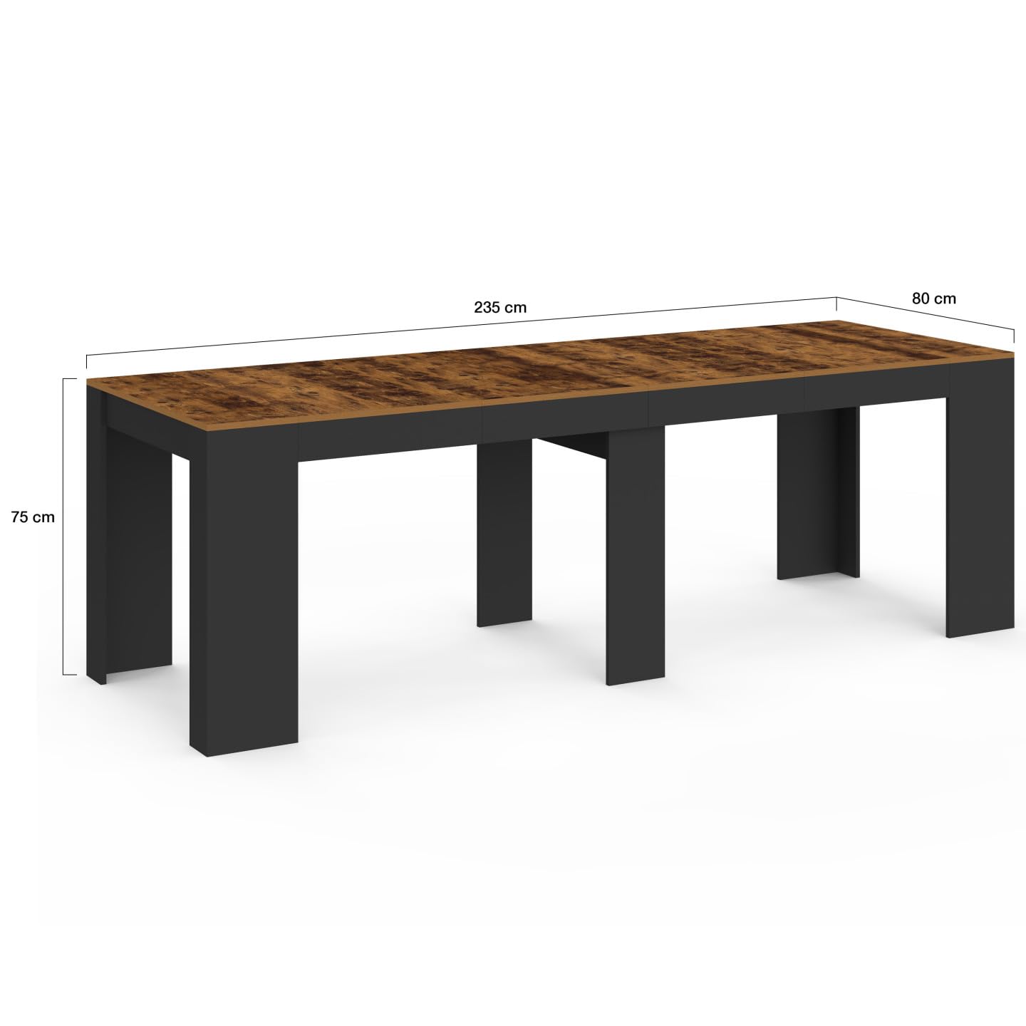 IDMarket - Ausziehbarer Konsolentisch Orlando 10 Personen 235 cm Holz Effekt gealtert und schwarz