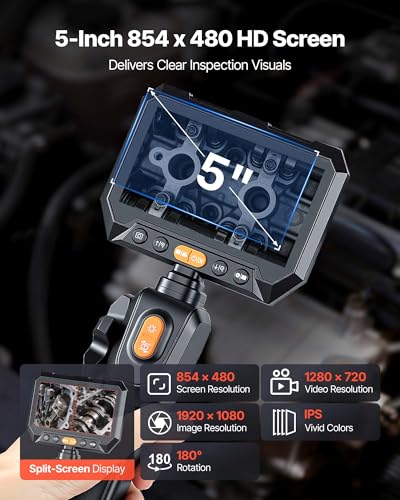 Image of VEVOR Dual-Lens Articulating Borescope with Light, Two-Way Articulated Endoscope, 0.24 inch Slim Lens, 5 inch HD IPS Spilt-Screen, 8X Zoom, IP67 Inspection Camera for Auto, Mechanical Equipment