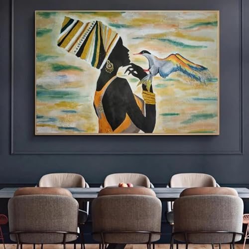 Art mural salon oiseaux et femme africaine pour une décoration maison chaleureuse