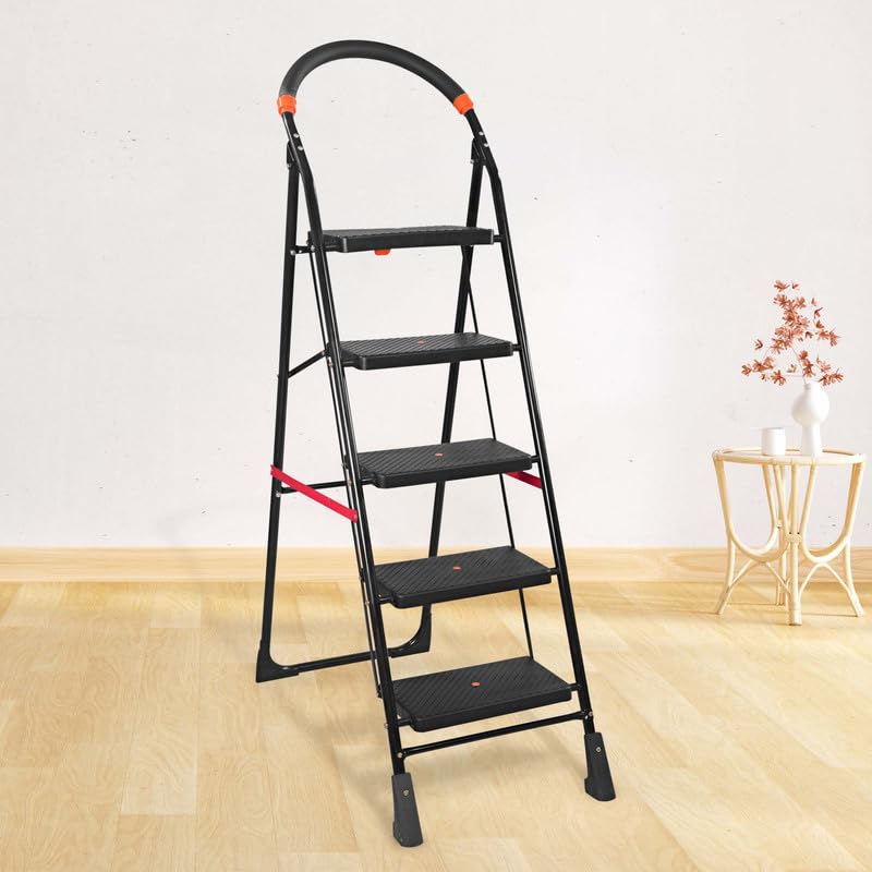 Image of TNT The Next Trend Cameo 5 Step Heavy Duty Foldable Step Ladder with Anti-Skid Shoes and Extra Strong Wide Steps (Black)