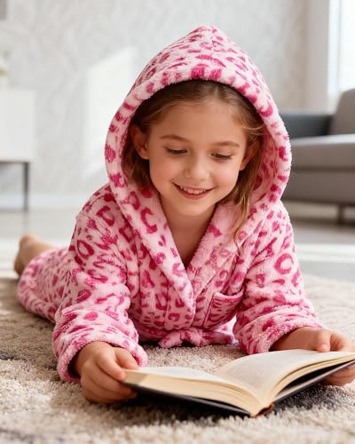 Image of Girls Fleece Hooded Robes, Warm Printed Bath Robe for Kids Soft Fuzzy Bathrobe for Gifts