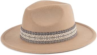 Women's Wool Felt Wide Brim Fedora Hat, Camel, Boho Tribal Band, Festival Style