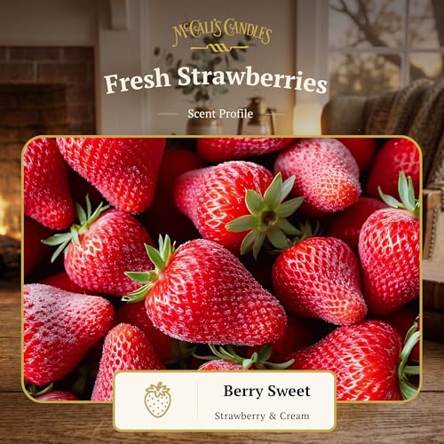 Image of McCall's Candles | Fresh Strawberries | 16 oz Two-Wick Scented Candle | USA-Poured | Vintage Rustic Jar with Carrying Handle | Sweet Farmstand Strawberry Fragrance