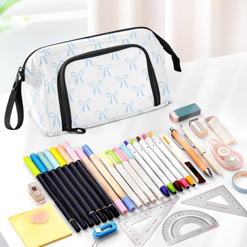 Image of Bow White Pencil Case Pouch Big Capacity Pencil Bag Box Organizer Pen Case with Compartmens Stationery Organizer for Girls Boys Adults Women School Office