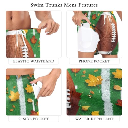 Mens Swim Trunks with Liner, Thanksgiving Football Leaf Cool Quick Dry Beach Swim Shorts, Swimwear Bathing Suits S3