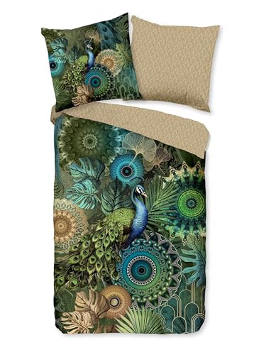 Traumschloss Comfort Flanell Bettwäsche - Ydaile - Mandalas mit Pfau und Pflanzen, grün, Natur,155x220 / 80x80,