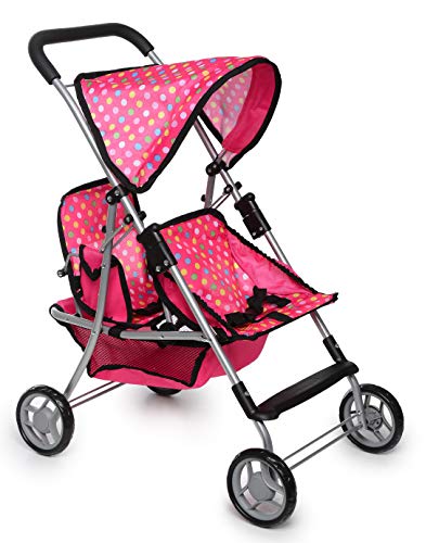 fash n kolor Twin Baby Doll Stroller - Pretend Play Baby Stroller for Dolls - Toy Stroller with Storage Basket for Baby Doll Accessories Set - Polka-dot Pink Design Stroller Toy - Folds Easily