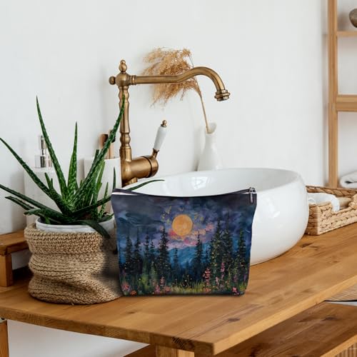 Watercolor Full Moon Above the Wildflowers Makeup bag, Cottagecore Accessories Cosmetic Bag, Cottagecore Gifts, Mystical Under Cold Moons Scenic Cosmetic Bag Toiletry Bag4