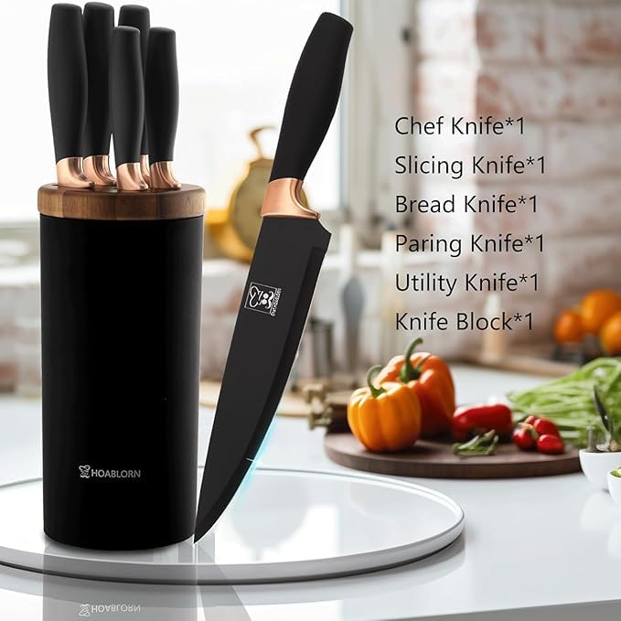 Juego de bloque de cuchillos 6 piezas: juego de cuchillos de cocina con soporte redondo y negro, que ocupa poco espacio y es fácil de limpiar