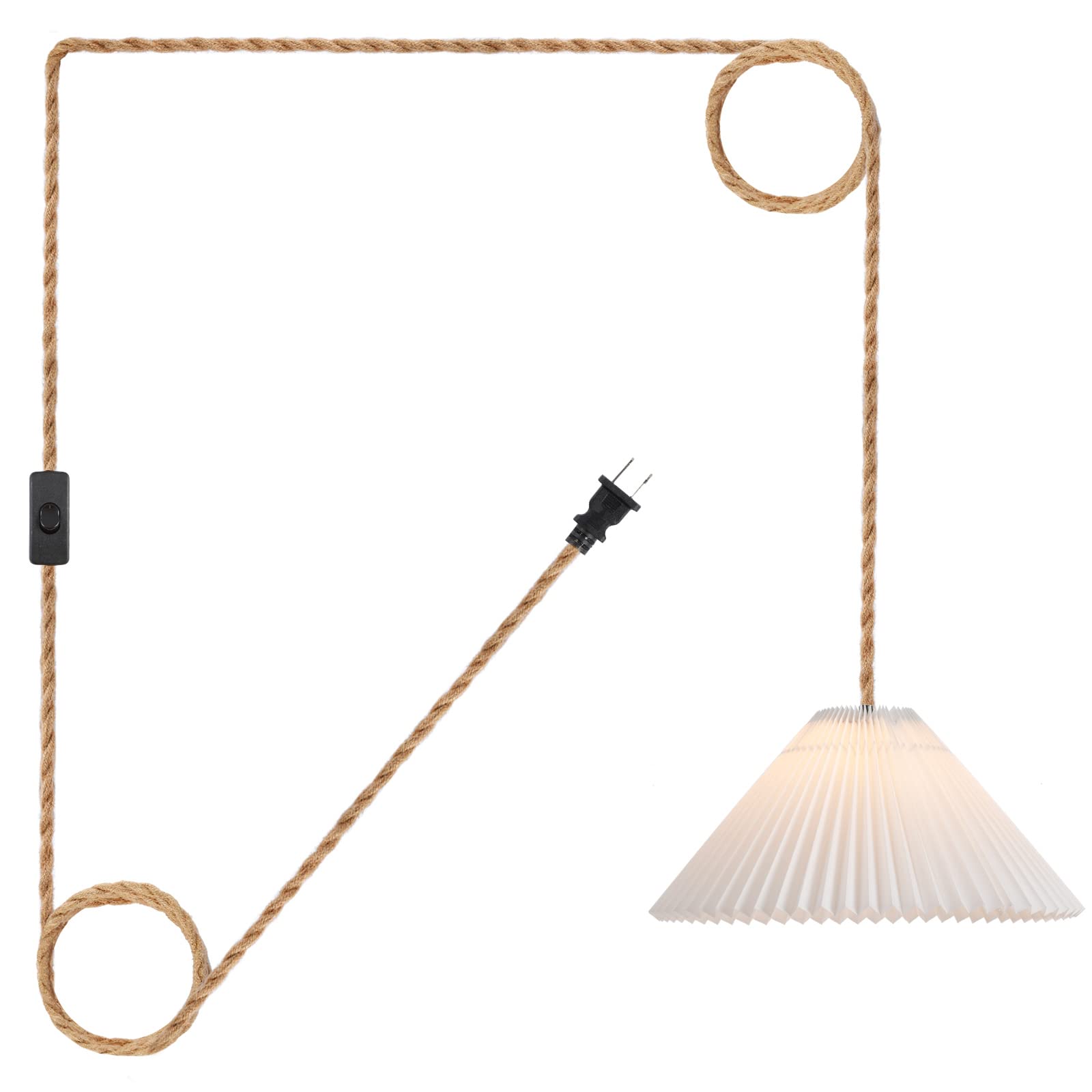 Plug in Pendant Light,Hanging Lights with Plug in Cord 15 ft Hemp Rope Cord On/Off Switch, White Pleated Lamp Shades Hanging Light for Dining Room Light Fixture, Bedroom, Kitchen, Living Room