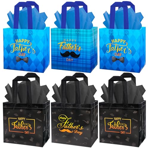 HOWAF 8pcs Father’s Day Gift Bags, Dad’s Day Party Non Woven Bags for Fathers’ Day Party Supplies, I Love You Daddy Candy Treat Bag Papa Feliz Dia Del Padre Goodie Bag with Tissue Paper