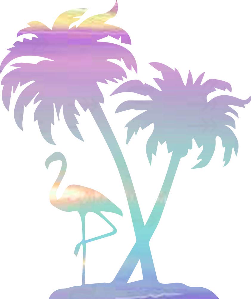 Flamingo Palm Tree Paradise (Holographic Opal Purple) (Set of 2) Premium Waterproof Vinyl Decal Stickers for Laptop Phone Accessory Helmet Car Window Bumper Mug Tuber Cup Door Wall
