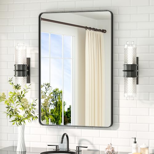 Image of TETOTE Black Mirror for Bathroom 24 x 36 Matte Black Metal Framed Vanity Mirror, Tempered Glass, Modern Farmhouse Wall Mounted Mirrors for Decorative(Horizontal /Vertical)