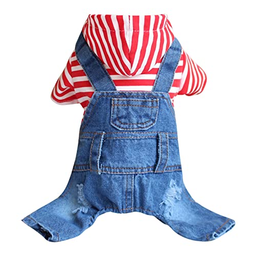 Haustier-Kleidung Hunde-Jeansjacke Stripe Weste Katze Jeansjacke kühles Blau, Denim-Mantel für kleine, mittelgroße Hunde, Revers, Westen, klassischer Overall, Welpen, Blaue Vintage-Kleidung (M, Rot) Cover