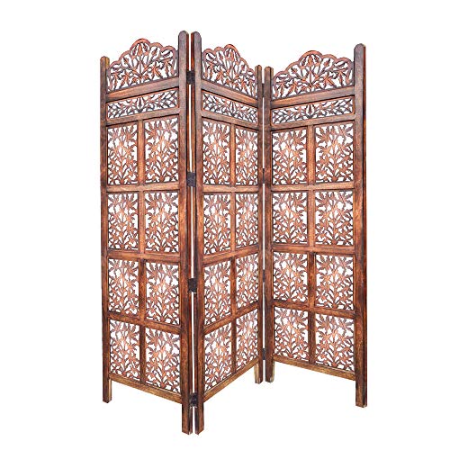 GOWE 3 Panel Mango Wood Screen with Intricate Cutout Carvings, Brown