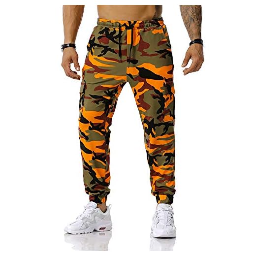 Cicilin Homme Pantalon de Jogging Sport Fitness Jogging Décontracté Multi Poches Camouflage Cargo Pantalon Militaire Orange 3XL