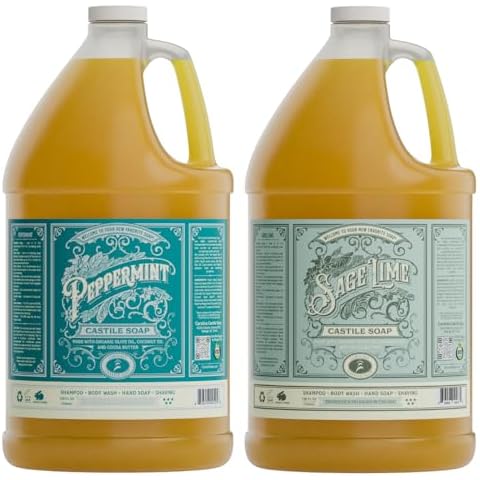 Carolina Castile Soap Peppermint and Sage Lime Soap Liquid Bundle - 1 Gallon Vegan & Pure Organic Concentrated Non Drying All Natural Formula Body Wash & Shampoo Cover