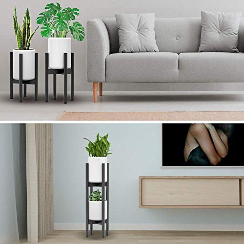 2 Pack Indoor Plant Stands, 2 Tier Tall Plant Stand 30 inches, Mid Century Bamboo Plant Stand, Adjustable Width 8 - 12 inches, Fits Pot Size of 8 9 10 11 12 inches Pot & Plant Not Included, Black