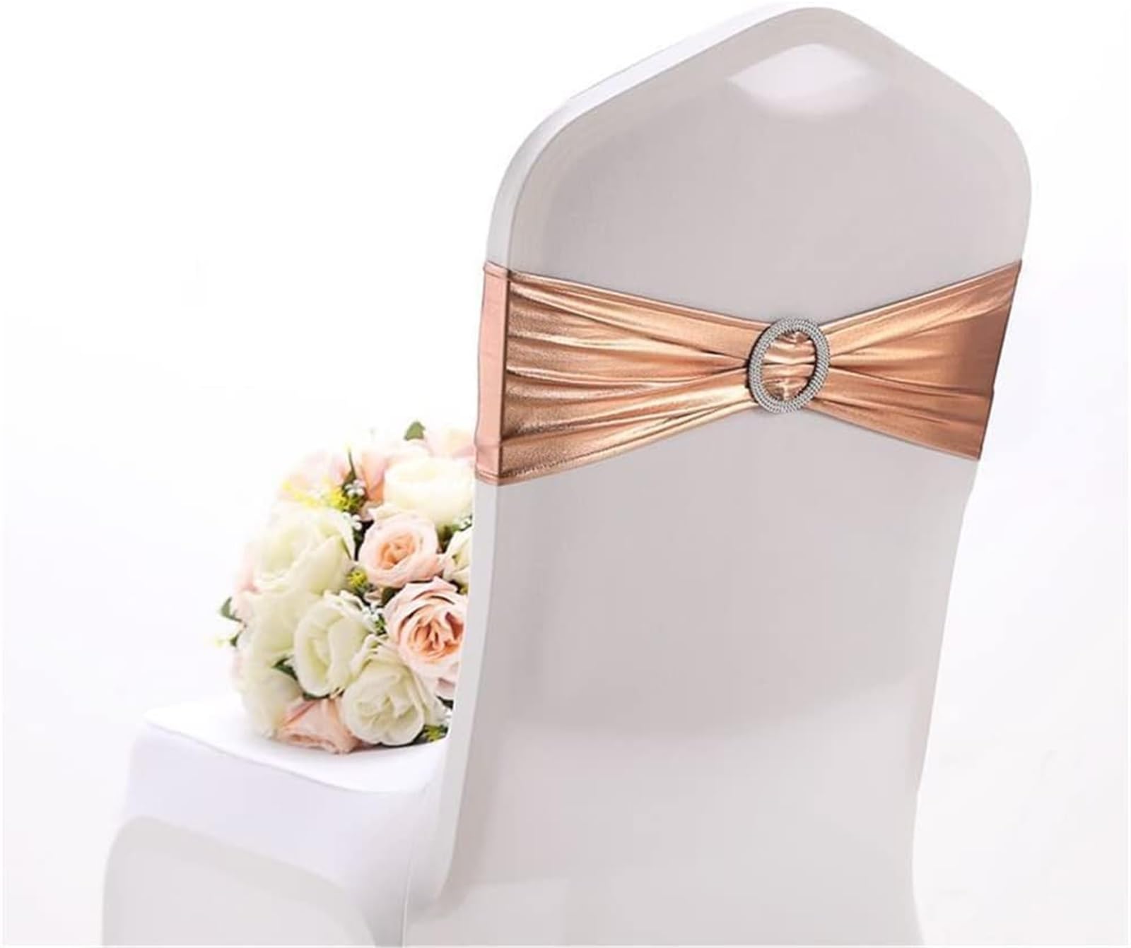 Kokardy na krzesła weselne,Eleganckie szarfy, 10 sztuk elastycznych rozciągliwych pokrowców na krzesła Spandex, kokardki na wesele, dekoracja krzesła Lycra(Rose Gold)