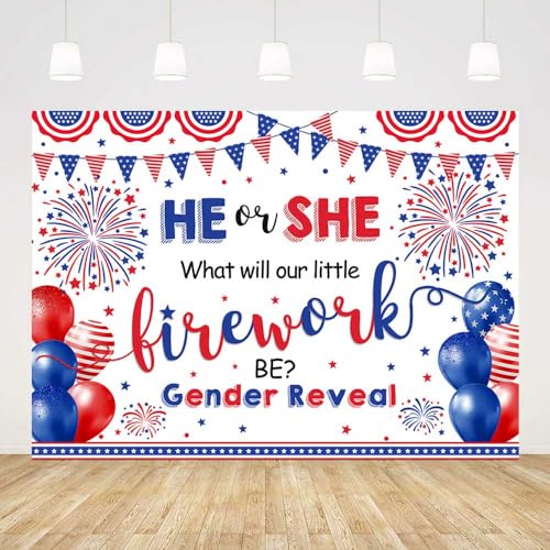 AIBIIN 7x5ft Independence Day Gender Reveal Backdrop He Or She What Will Our Little Livework Be Gender Reveal Banner Photography Happy 4th of July Party Decorations Background Photo Props