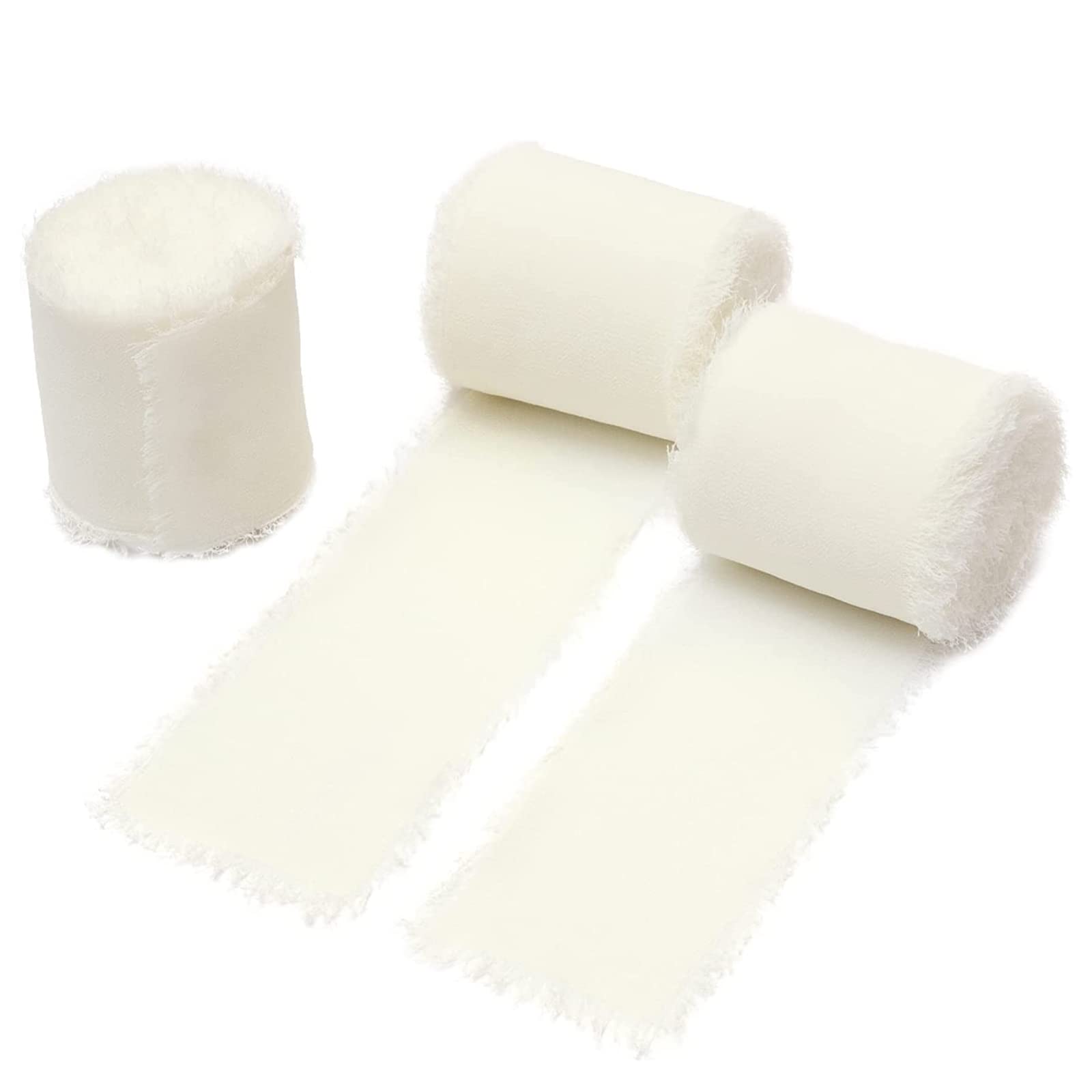 Joyzzz Chiffon Ribbon, 3 Rolls 3.8cm X 5.5 Yard(5m) Handmade Fringe Chiffon Ribbon Set, Frayed Edge Ribbon for Gift Wrapping, Wedding Invitations, Bouquet Wrap, Decorating, DIY Craft (Cream White)