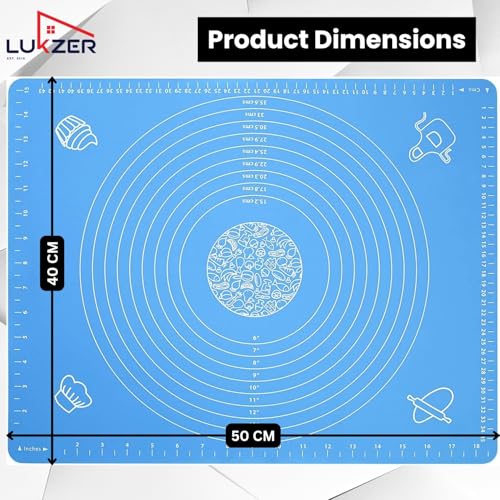 Image of Lukzer Baking Mat with Measurement Guides, Non Stick & Reusable Rolling Sheet for Dough Rolling Roti Chapati Pizza Fondant & Bread | BPA-Free Anti-Slip Waterproof Sheet 50 x 40 cm (Blue)