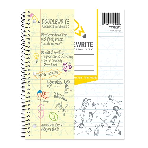 Doodlewrite Wide Ruled Wirebound Spiral Notebook, Includes Doodle Prompts To Keep Focus, Spark Creativity/Imagination, Relieve Stress, 10.5" X 8", 50 Sheets/100 Pages, White (11101) #TOP12