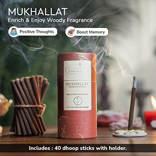 Image of Nirmalaya Premium Mukhallat, Zen, Bakhoor Bambooless Dhoop Sticks (120 Sticks) with Ceramic Stand Sacred Temple Flower | 100% Charcoal-Free | for Pooja, Meditation, Yoga & Home Fragrance