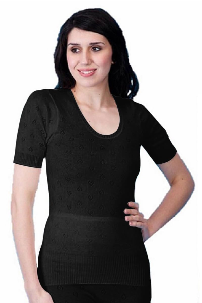 Tesmark Women's Black Plain Short Sleeve Spencer Plain & Lace Thermal Underwear Tops, Warm White And Black Sleepwear & Thermal Underwear For Uk Size 8-28 (Uk, Alpha, Xl, Regular, Regular, )