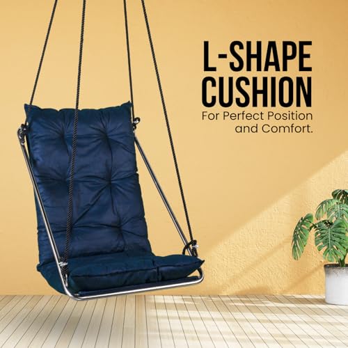 Image of Premium Hanging Swing Chair for Adults | Luxury Cotton Hammock Swing with Stainless Steel Frame for Balcony, Garden & Indoor Living Room | Heavy Duty Outdoor Patio Swing by Curio Centre (Blue)