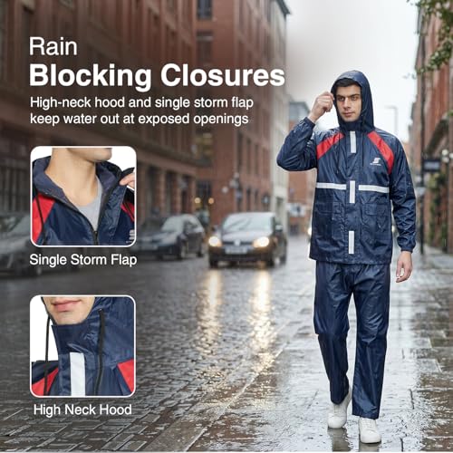 Image of Amazon Brand - Symactive Men Polyester Raincoat | Jacket with Pants | Hooded | Water Resistant | with Storage Bag | Blue | Medium