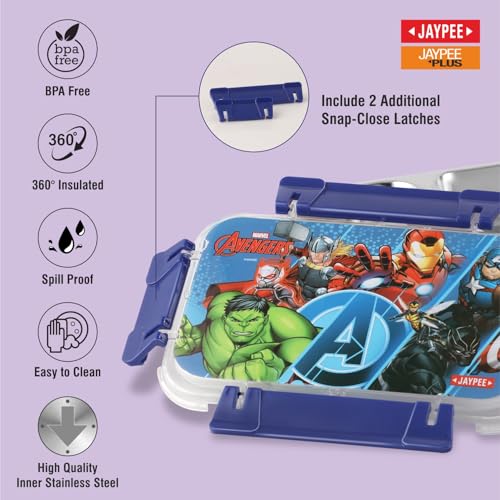Image of JAYPEE Toon Box 2 Marvel Series Power Heroes Inner Stainless Steel Insulated Lunch Box for School Kids |Airtight Leakproof Tiffin Box with 2 Additional Lock |Food Grade|BPA Free, 545 ml, Sky Blue