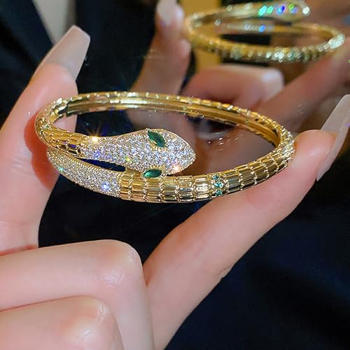 18K Gold Plated Snake Bracelet with Sparkly Cubic Zirconia Green-eyed Snake Bracelets Open Cuff Bangle Bracelets for Women4