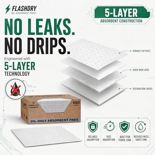 Image of FlashDry Oil Absorbent Pads, Fast-Absorbing Oil-Based Fluid Pads for Garage, Shop, Driveway, Automotive & Marine Use, Tear-Resistant Oil Absorbing Sheets, 17.5 inch x 13.5 inch, 300-Count Dispenser Box
