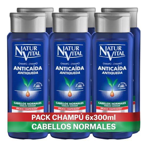 NaturVital - Packs 6 unidades de Champú Anticaída, Sin Parabenos, Colorantes ni Siliconas, Champú Natural para Cabellos Normales, Estimula el Crecimiento del Cabello, para Hombres y Mujeres, 6 x 300ml