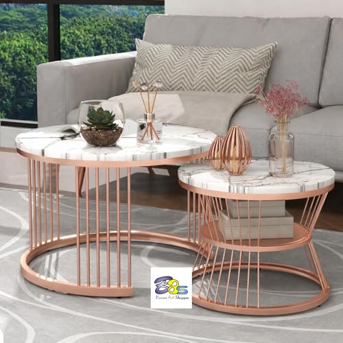 Image of Brown Art SHOPPEE Round Coffee Table Home Decor Furniture Coffee Table Sets,2 Piece MDF Top,Stacking Nesting Table with Iron Frame for Living Room Living Room or Lounge (Rosegoid White)