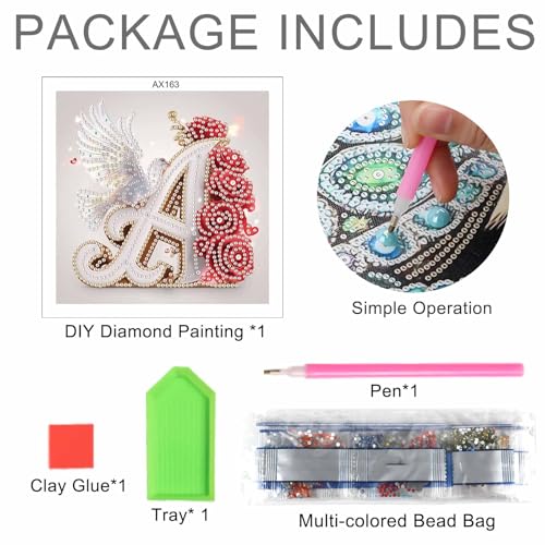 Image of AiYuanzsh 5D Special Shape Diamond Painting Letter A, Red Rose & White Dove Initial Diamond Art Kit for Adults, DIY Crystal Rhinestones Romantic Gem Art Crafts Wall Decor 17x17cm