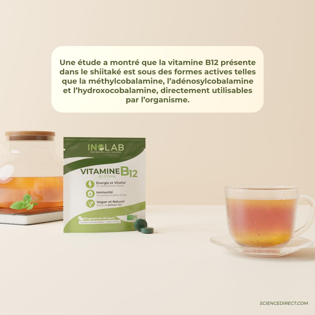 INOLAB VITAMINE B12 - Biologique, Vegan/Extrait de Shiitaké Bio/Methylcobalamine, Adénosylcobalamine & Hydroxocobalamine/B12FORM Haute biodisponibilité