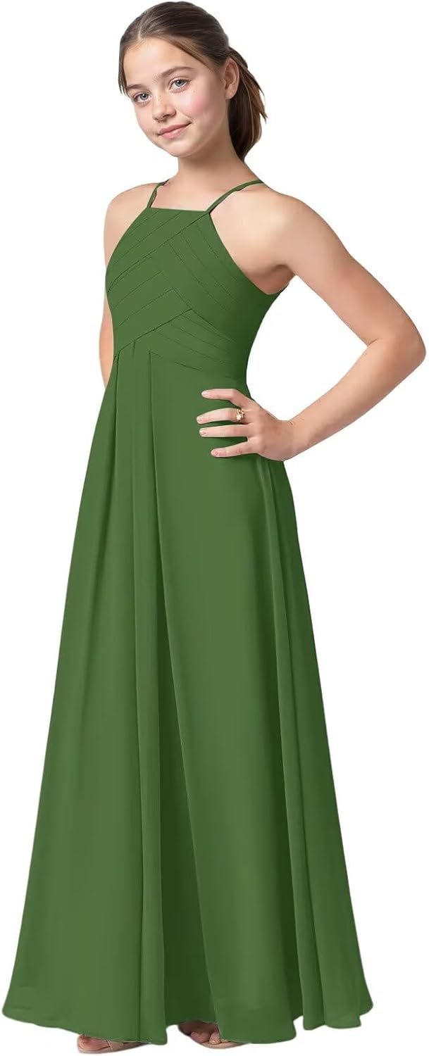 Halter Flower Girl Dress Flowy Chiffon Junior Bridesmaid Dresses A-Line Long 4-16 Teen Wedding Party Gown MV004