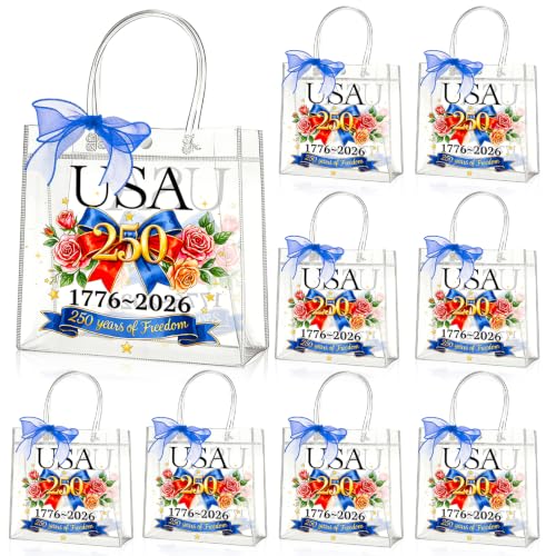 Zenoble 24 Pcs 4th of July Treat Bags Patriotic Goodie Bags Double-Sided Clear Pvc 250 Years Gift Snack Candy Treat Bag with Bow Ribbon for Independence Day Memorial Day Party Favors