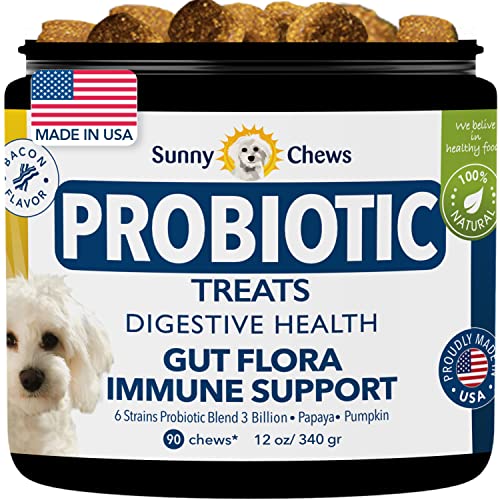 Sunnychews Probiotic For Dogs Chewable| Probiotics And Digestive Enzymes For Dogs| Probiotic For Dogs Gut Health, Diarrhea| Probiotic Support For Small, Medium And Large Dogs| With Bacon, 90Chews 12Oz #TOP19
